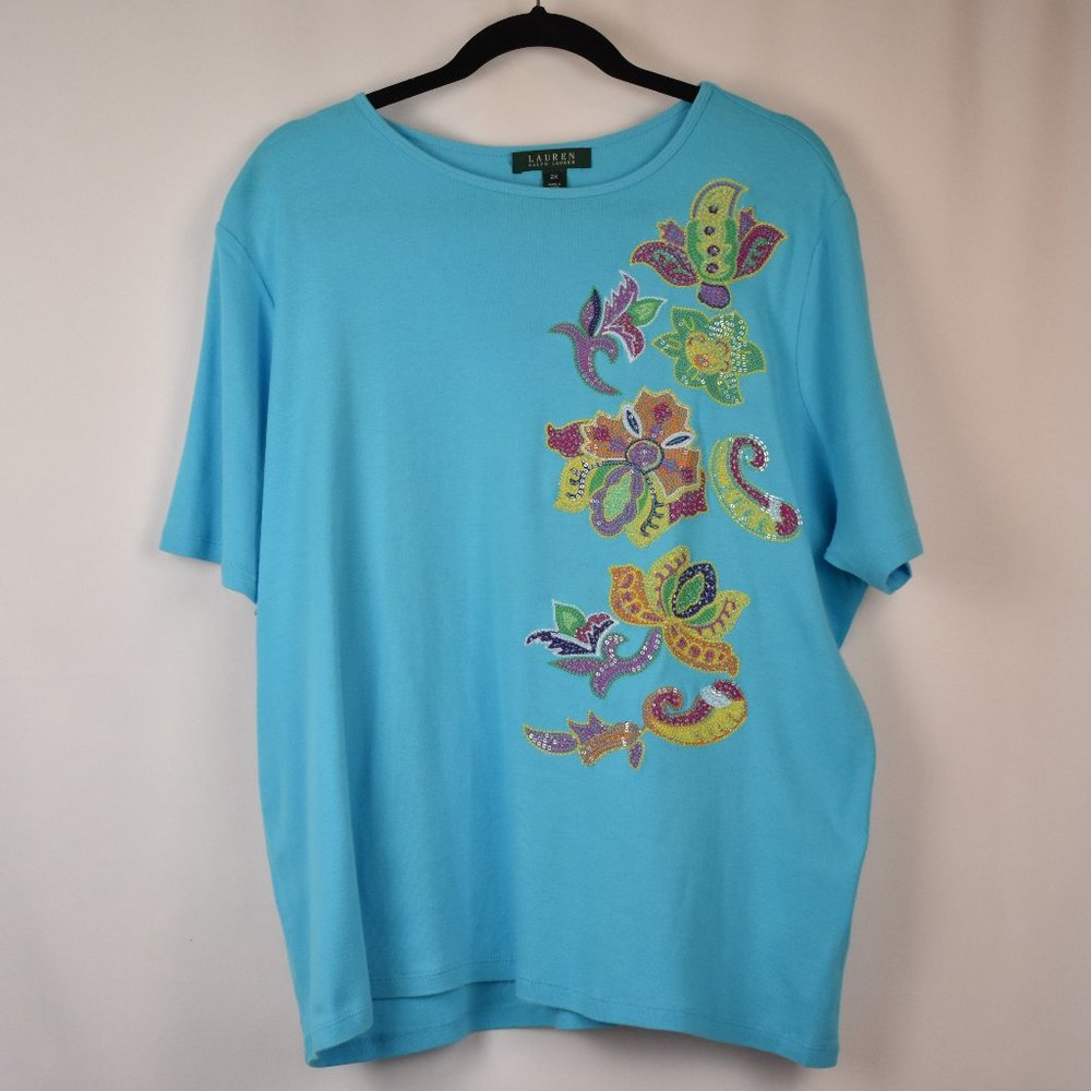 Lauren Ralph Lauren Cotton Turquoise Floral Beaded Short Sleeve T-Shirt Size 2X